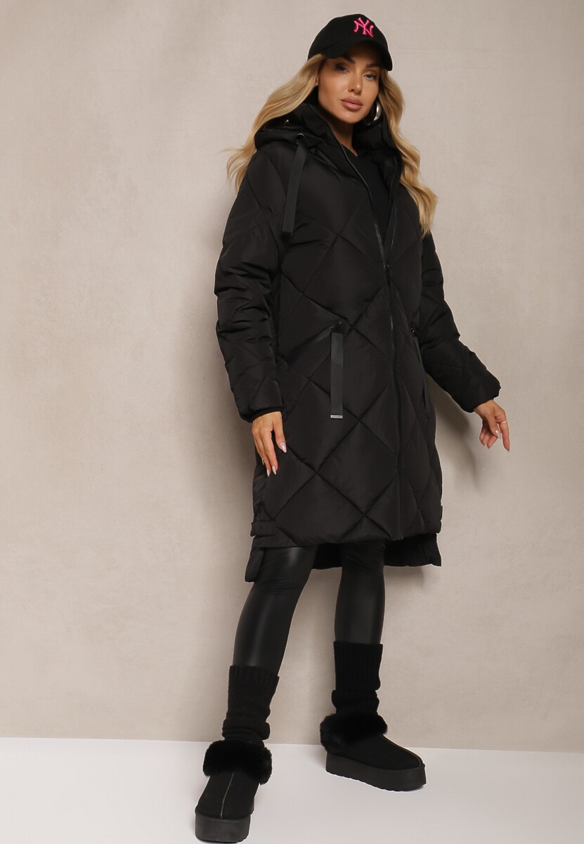 Ciemnobeżowa Pikowana Kurtka z Przeszyciem w Kratę Kapturem i Kieszeniami Zenetta