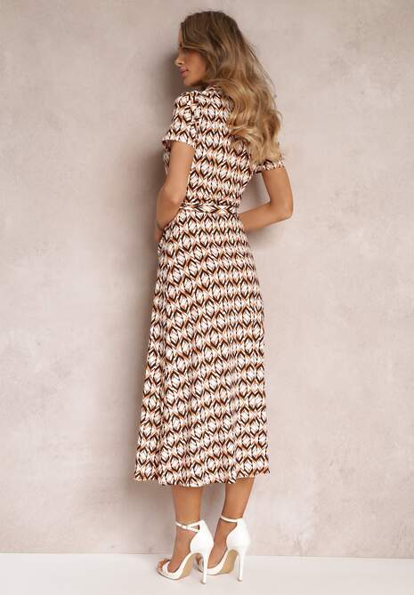 Beżowo-Bordowa Sukienka Mamci Koszulowa Wiązana w Pasie Maevana