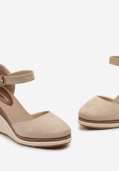 Ciemnobeżowe Sandały na Plecionym Koturnie ze Sprzączką Catlinna