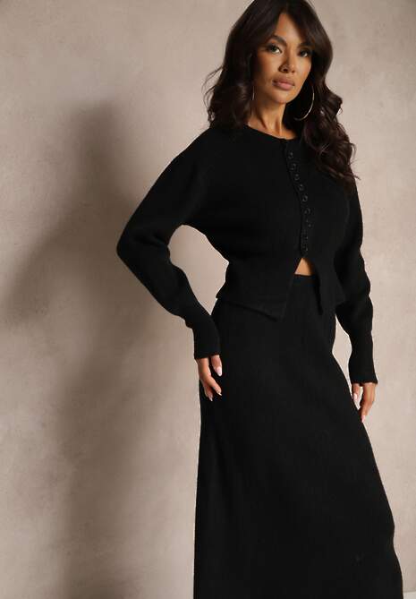 Czarny Komplet z Dzianiny z Wełną Kardigan z Guzikami i Spódnica z Gumką w Talii Melzina