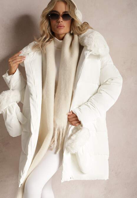 Biała Kurtka Płaszcz z Ozdobnym Pikowaniem z Futerkiem i Rękawiczkami Sicilba