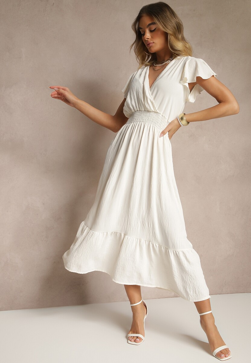 Różowa Kopertowa Sukienka o Rozkloszowanym Fasonie z Gumką w Talii Reivione