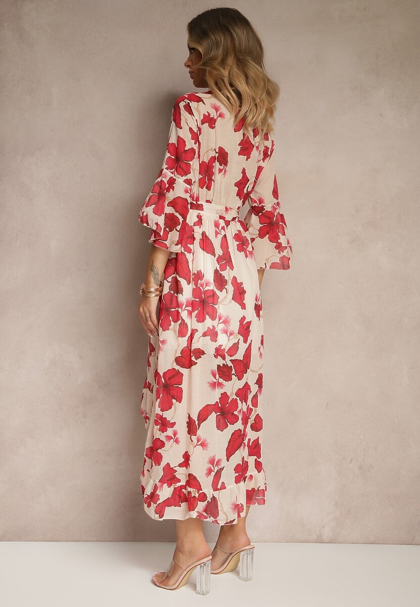 Czerwona Asymetryczna Sukienka z Bawełny z Kopertowym Dekoltem i Wiązanym Paskiem Nitilira