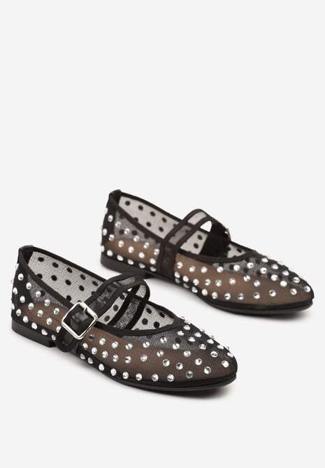 Czarne Balerinki Ozdobione Cyrkoniami i Przezroczystą Cholewką Ridirissa