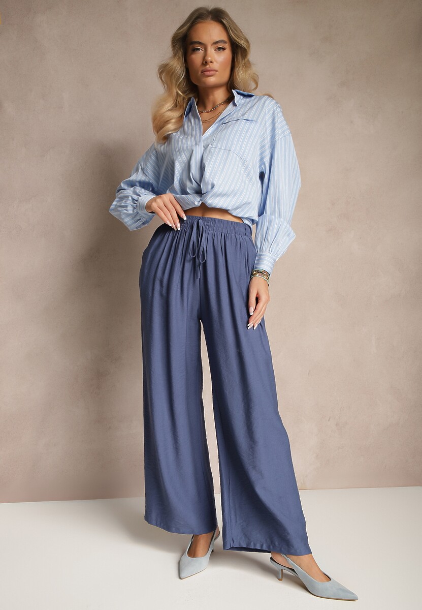 Granatowe Spodnie o Szerokim Kroju High Waist z Wiązaniem Fenalin