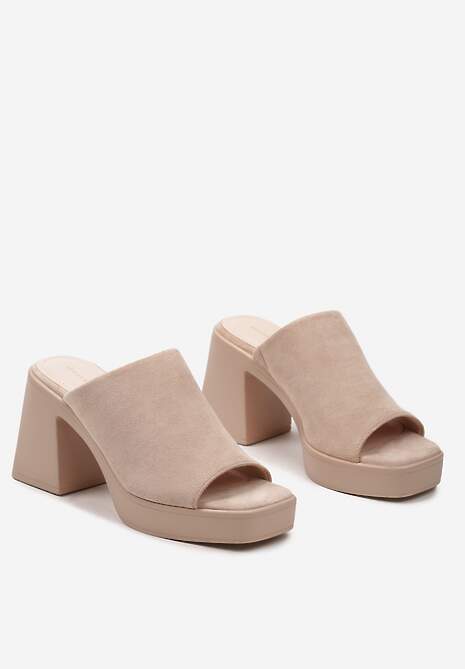 Ciemnobeżowe Klapki na Słupku z Platformą z Szerokim Paskiem z Ekozamszu Airgasta