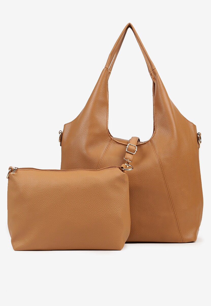 Jasnobrązowa Torebka Shopperka Ozdobiona Przeszyciami z Dodatkową Saszetką Latavena