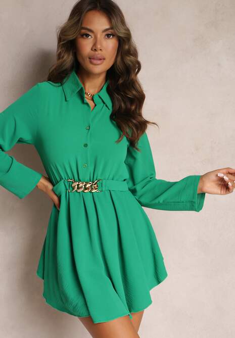 Zielona Sukienka Mini z Gumką w Pasie i Ozdobnym Paskiem Lateica