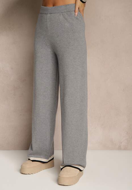 Szary Komplet Dzianinowy Sweter i Spodnie Wide Leg z Ozdobną Lamówką Ralenia