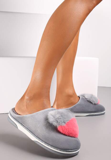 Szare Kapcie z Pomponem w Kształcie Serduszka z Futerka Rafima