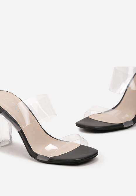 Czarne Klapki na Transparentnym Obcasie z Silikonowym Paskiem Aserena