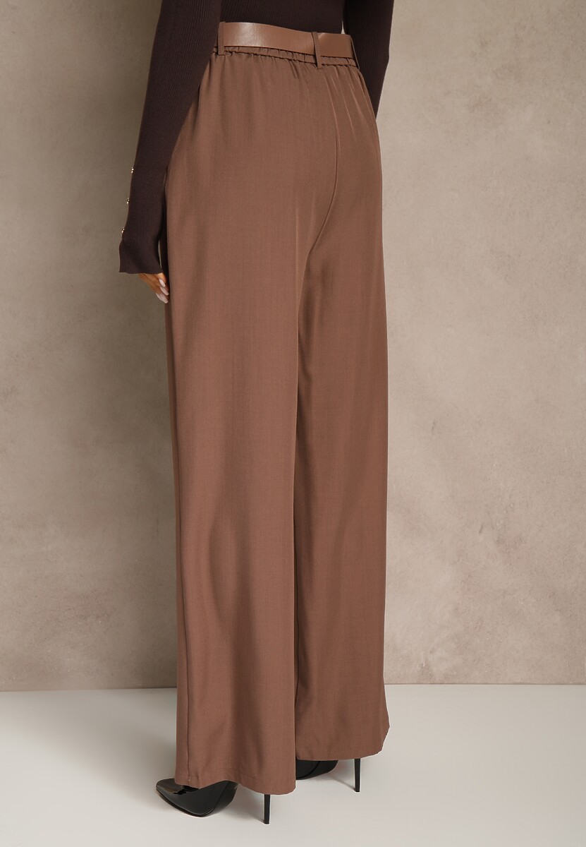 Brązowe Szerokie Spodnie Garniturowe z Wysokim Stanem i Paskiem z Klamrą Fevelira