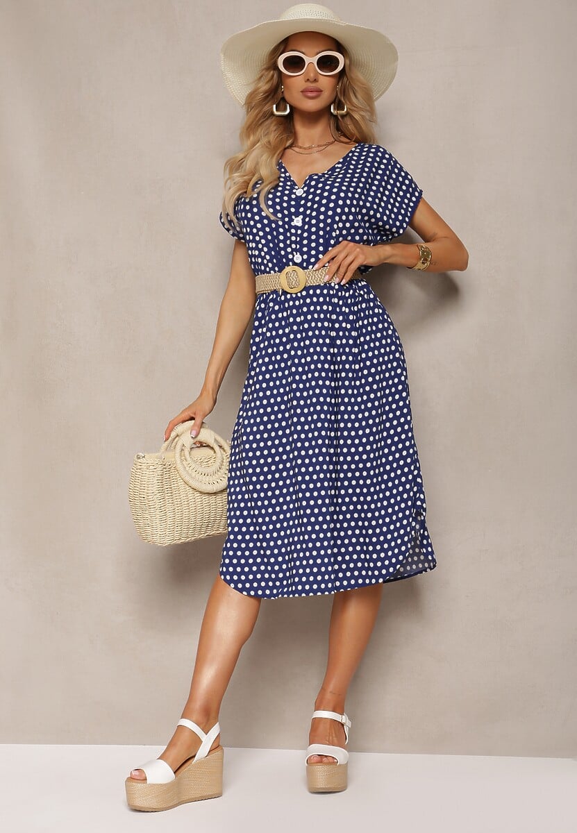 Granatowa Sukienka z Bawełny o Rozkloszowanym Kroju z Gumką w Talii Emilla