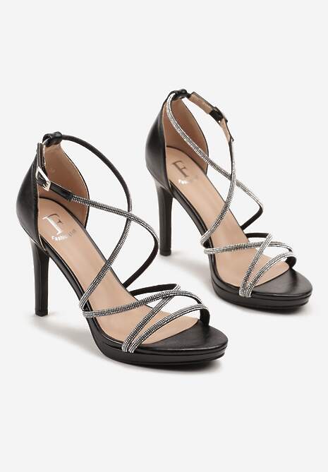 Czarne Sandały Na Szpilce z Paseczkami Ozdobionymi Cyrkoniami Sorisma