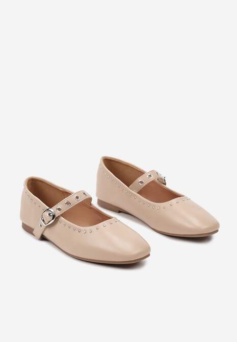 Beżowe Balerinki na Płaskiej Podeszwie Mary Jane z Ćwiekami Bialonna