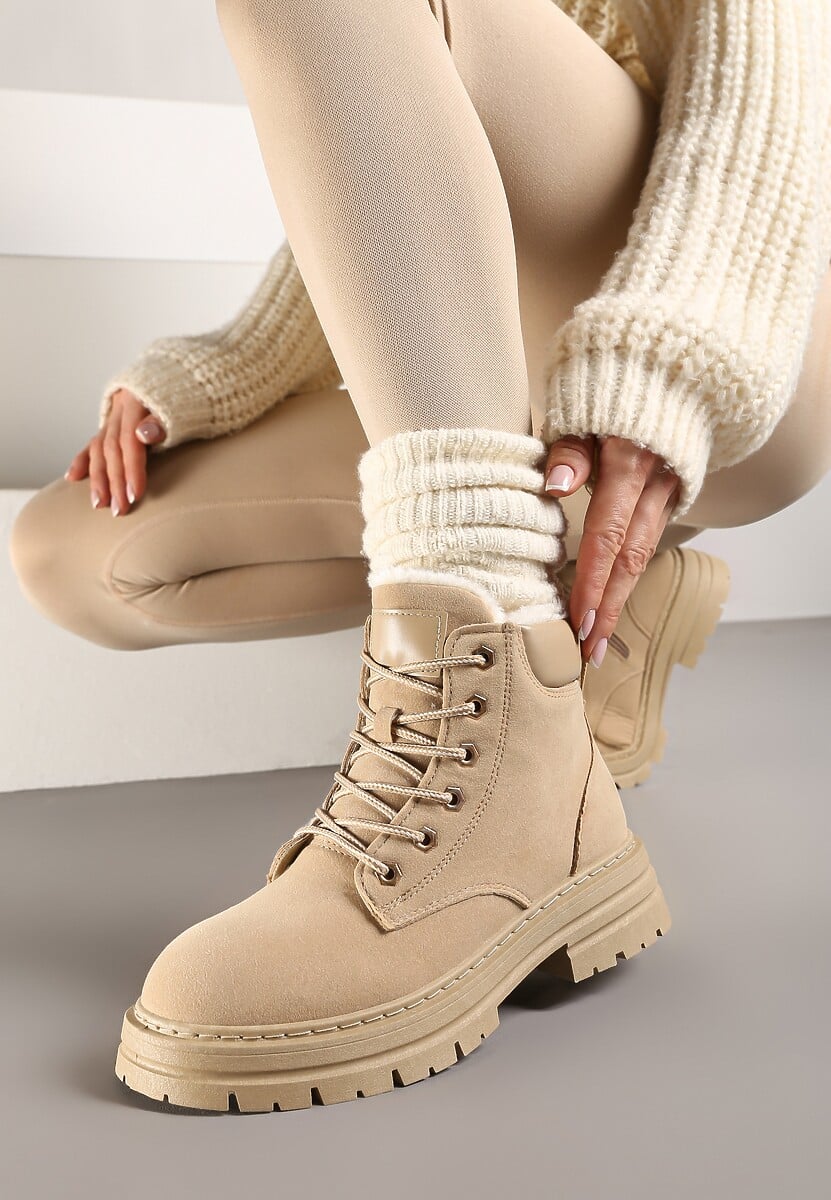 Ciemnobeżowe Traperki Mocno Ocieplone Sztucznym Futerkiem Janeka