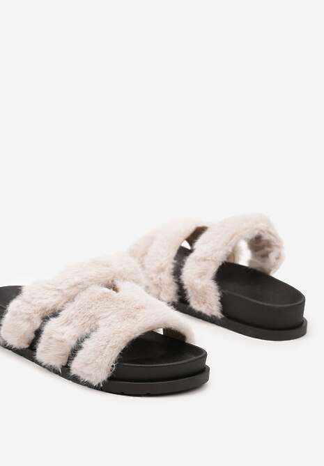 Beżowe Futrzane Klapki na Podeszwie z Pianki Balinea