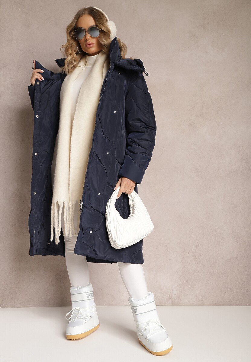 Granatowa Pikowana Kurtka Płaszcz za Kolano z Kapturem Kelotta