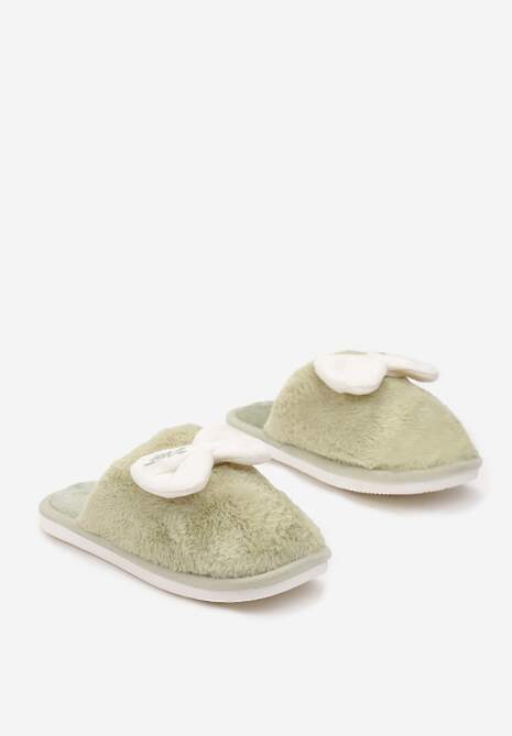 Zielone Kapcie Ozdobione Kokardką ze Sztucznego Futerka na Piankowej Podeszwie Ravna