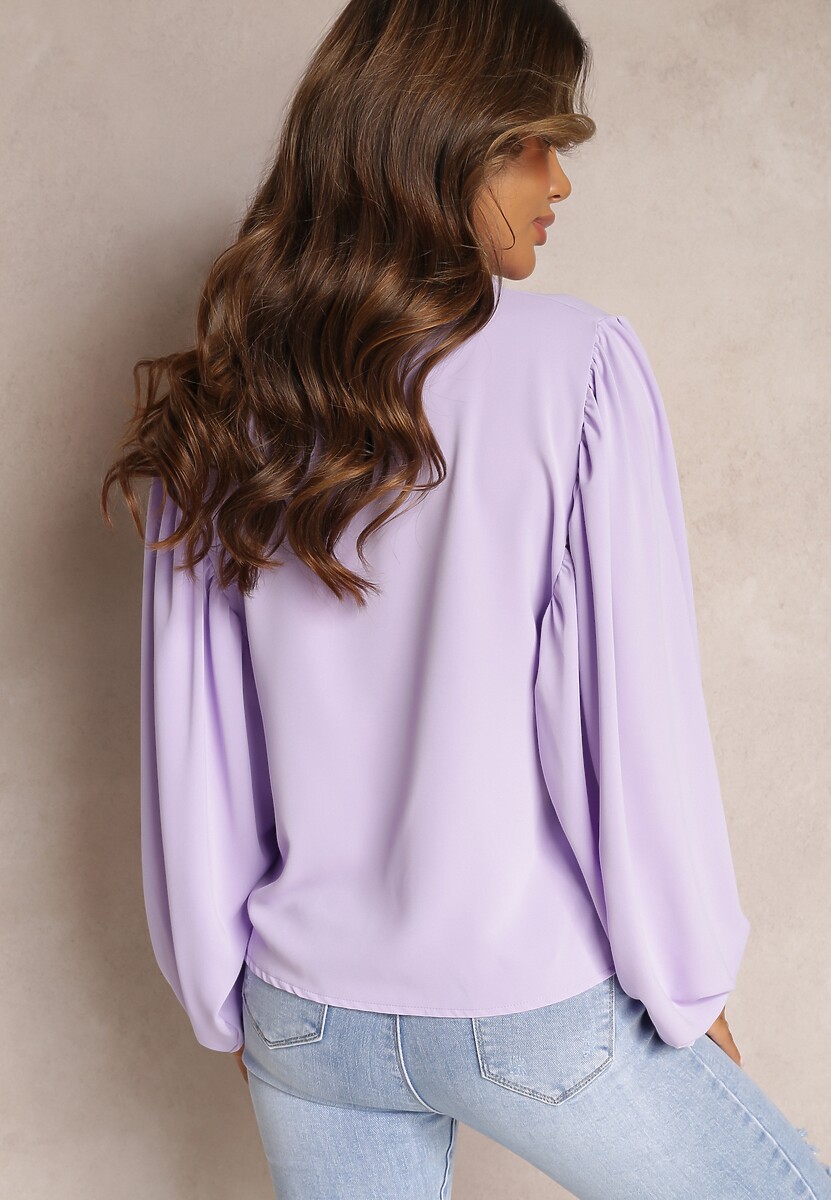 Fioletowa Koszula z Bufiastymi Rękawami Zdobionymi Plisowaniem Marayati