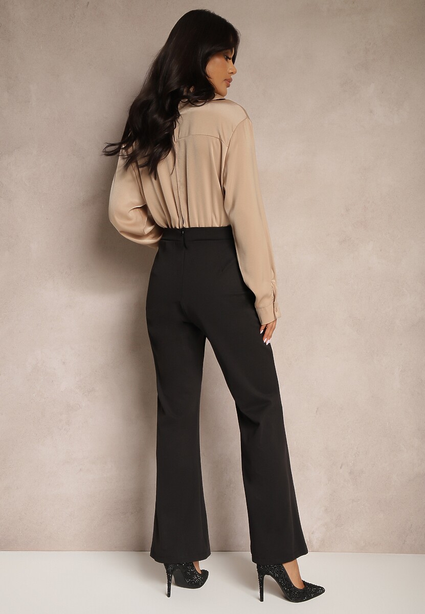 Czarno-Beżowy Kopertowy Kombinezon z Elegancką Koszulową Górą i Szerokimi Nogawkami Vareti