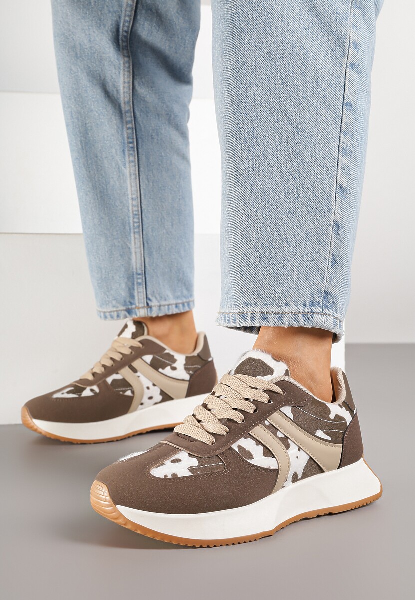 Brązowo-Białe Sneakersy z Geometrycznym Wzorem i Printem w Łaty Velwettia