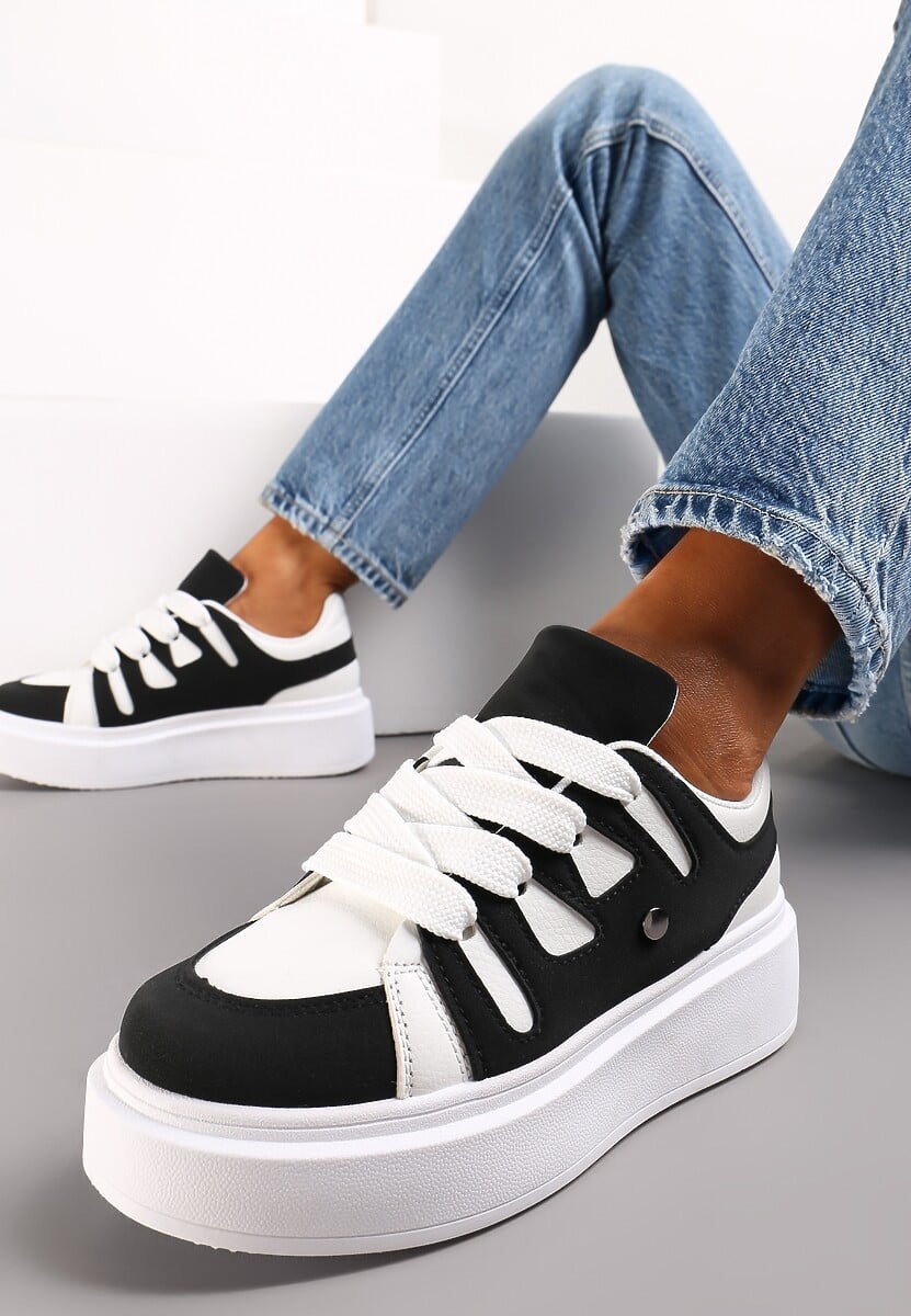 Biało-Czarne Sneakersy na Grubej Podeszwie przed Kostkę Alisis