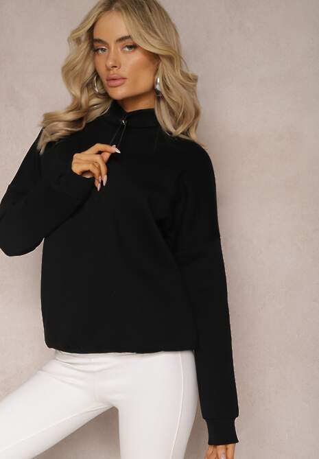 Czarna Ocieplana Bluza Bawełniana z Półgolfem Heraia