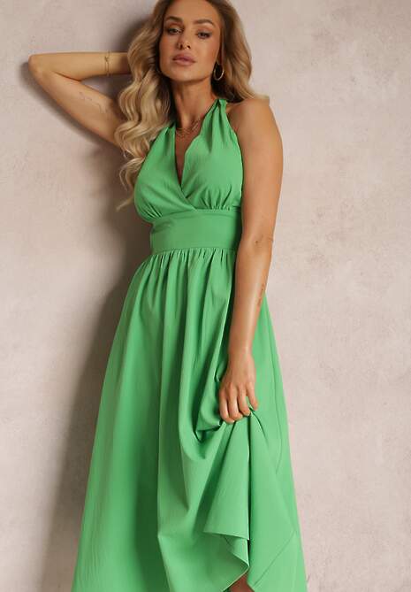 Zielona Rozkloszowana Sukienka Midi z Wiązaniem na Szyi Phinadi