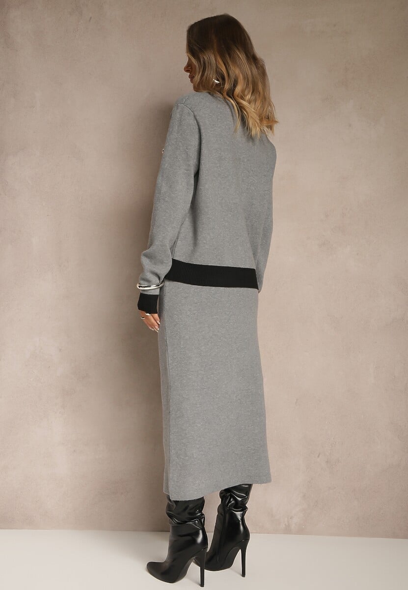 Czarno-Szary Sweterkowy Komplet z Dzianiny z Bawełną Kardigan i Spódnica Derrive