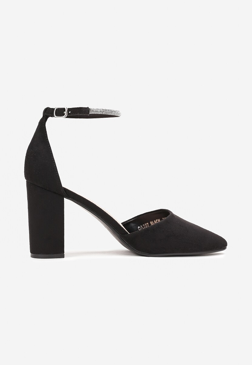 Czarne Czółenka na Słupku z Imitacji Zamszu z Cyrkoniami Demala