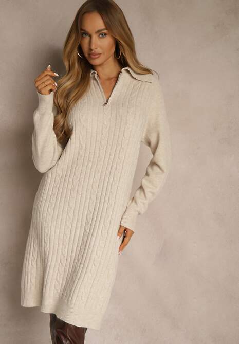 Jasnobeżowa Sweterkowa Sukienka z Bawełną i Wełną Ozdobiona Suwakiem Reinda