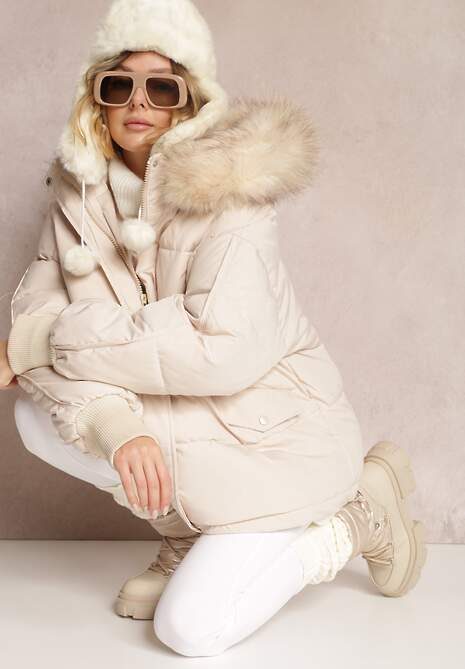 Beżowa Kurtka Oversize z Futrzanym Kapturem Haduni