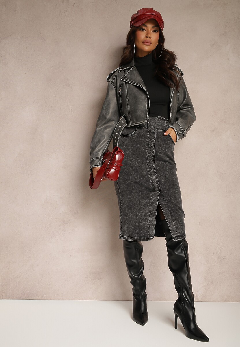 Ciemnobeżowa Jeansowa Spódnica Ołówkowa Midi z Guzikami i Rozcięciem Jackiesa