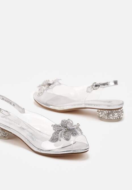 Srebrne Transparentne Sandały ze Skórzaną Wkładką Kwiatem 3D i Cyrkoniami Beliris