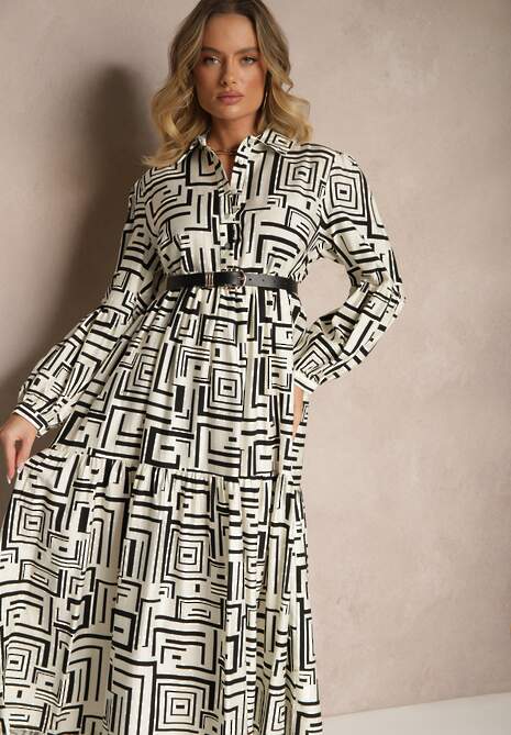 Czarna Rozkloszowana Sukienka z Wiskozą w Geometryczny Print Apirestia