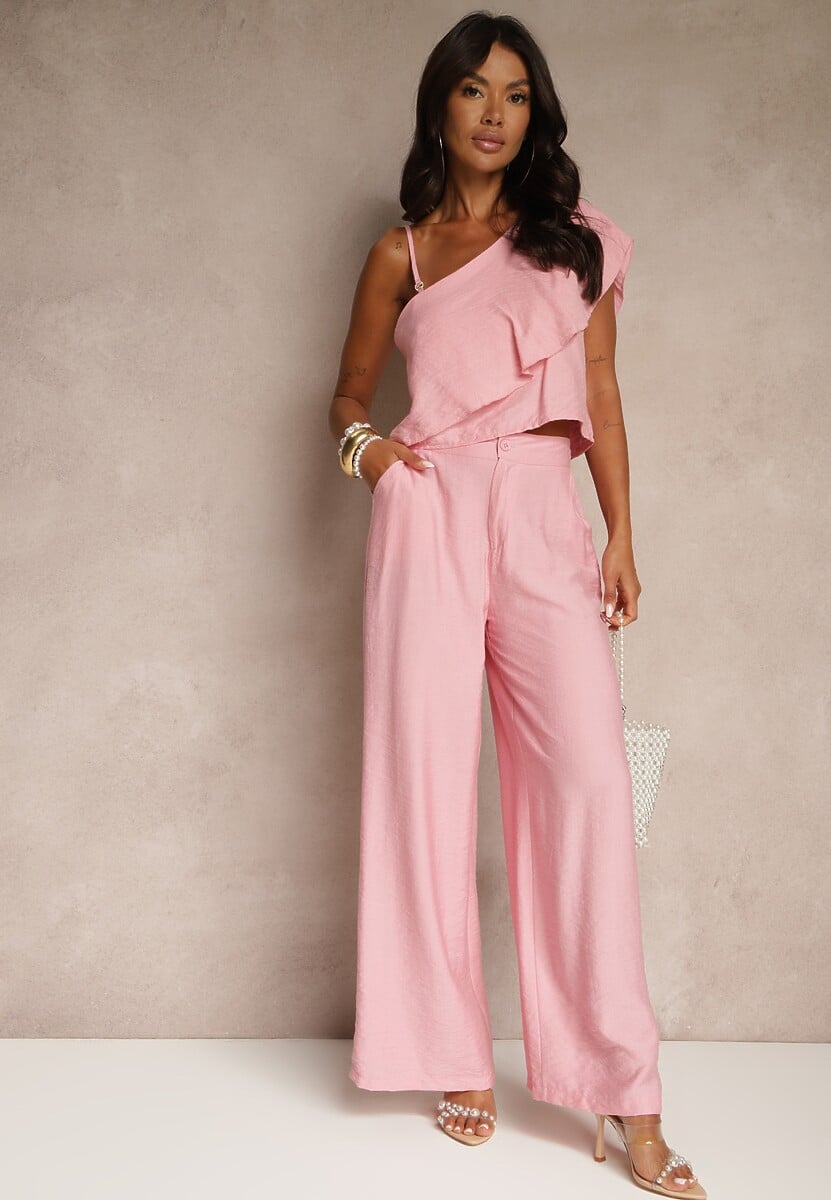 Różowy Komplet z Wiskozą Top z Falbanką na Jedno Ramię i Spodnie Wide Leg Nirellea