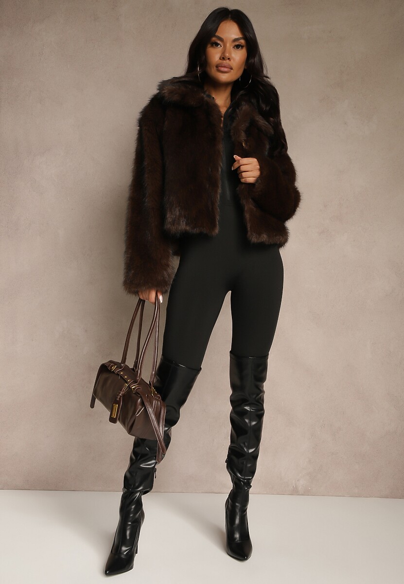 Brązowa Kurtka Futerko o Fasonie Cropped z Kołnierzem Abentia