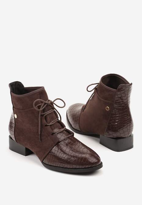 Brązowe Sznurowane Botki do Kostki Vices Zdobione Tłoczeniem Skóry Węża Wedvire