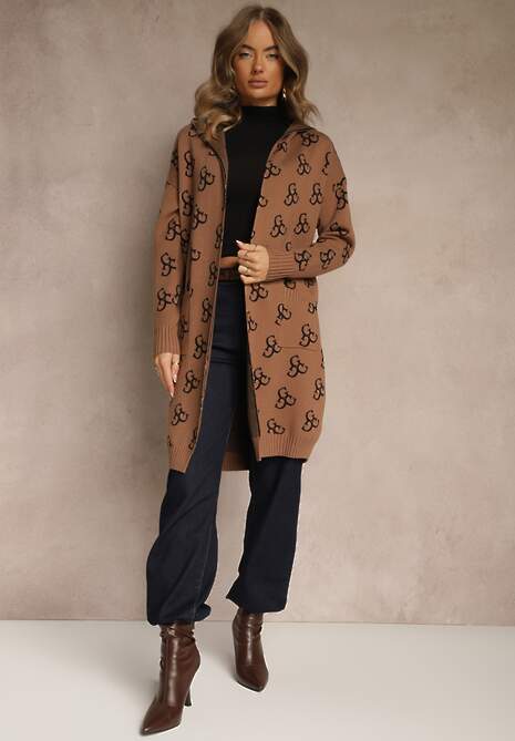 Brązowy Kardigan Ozdobiony Geometrycznym Wzorem Ralittia