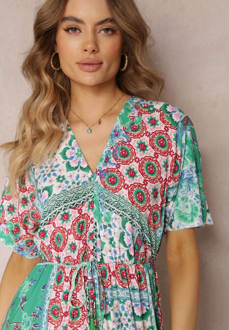 Zielono-Różowa Wiskozowa Sukienka Midi w Kwiaty z Gumką w Pasie Roslyna