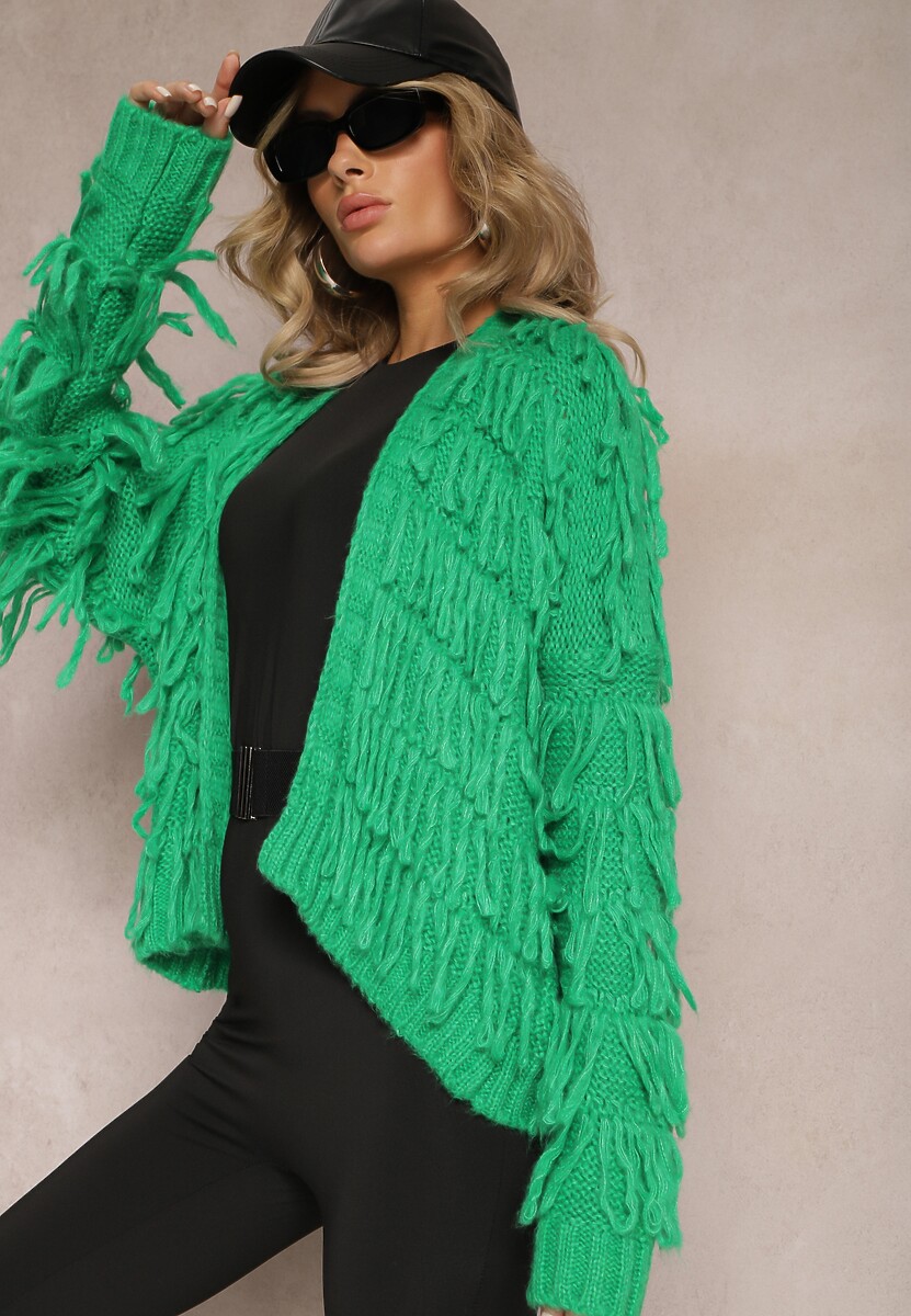 Szary Niezapinany Kardigan z Frędzlami Segentri