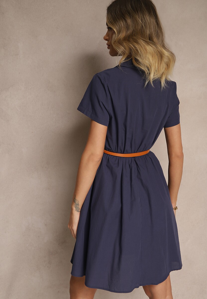 Granatowa Sukienka Koszulowa z Cienkim Paskiem w Talii Weolessa