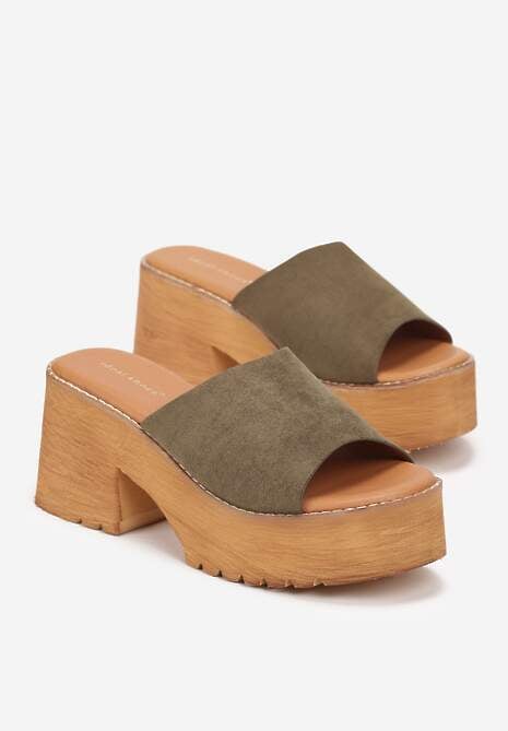 Zielone Klapki na Słupkowym Obcasie i Platformie z Odkrytym Noskiem Makia