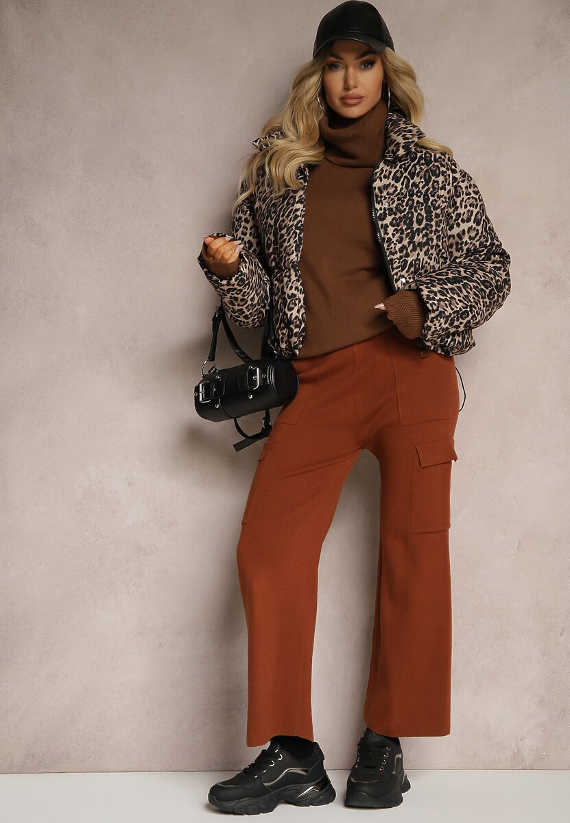 Brązowe Szerokie Spodnie Dzianinowe z Gumką w Pasie i Kieszeniami Emithlera