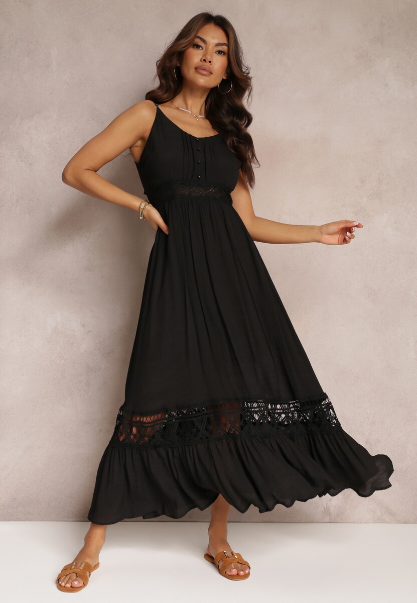 Czarna Rozkloszowana Sukienka Maxi z Falbanką i Koronką Luluma