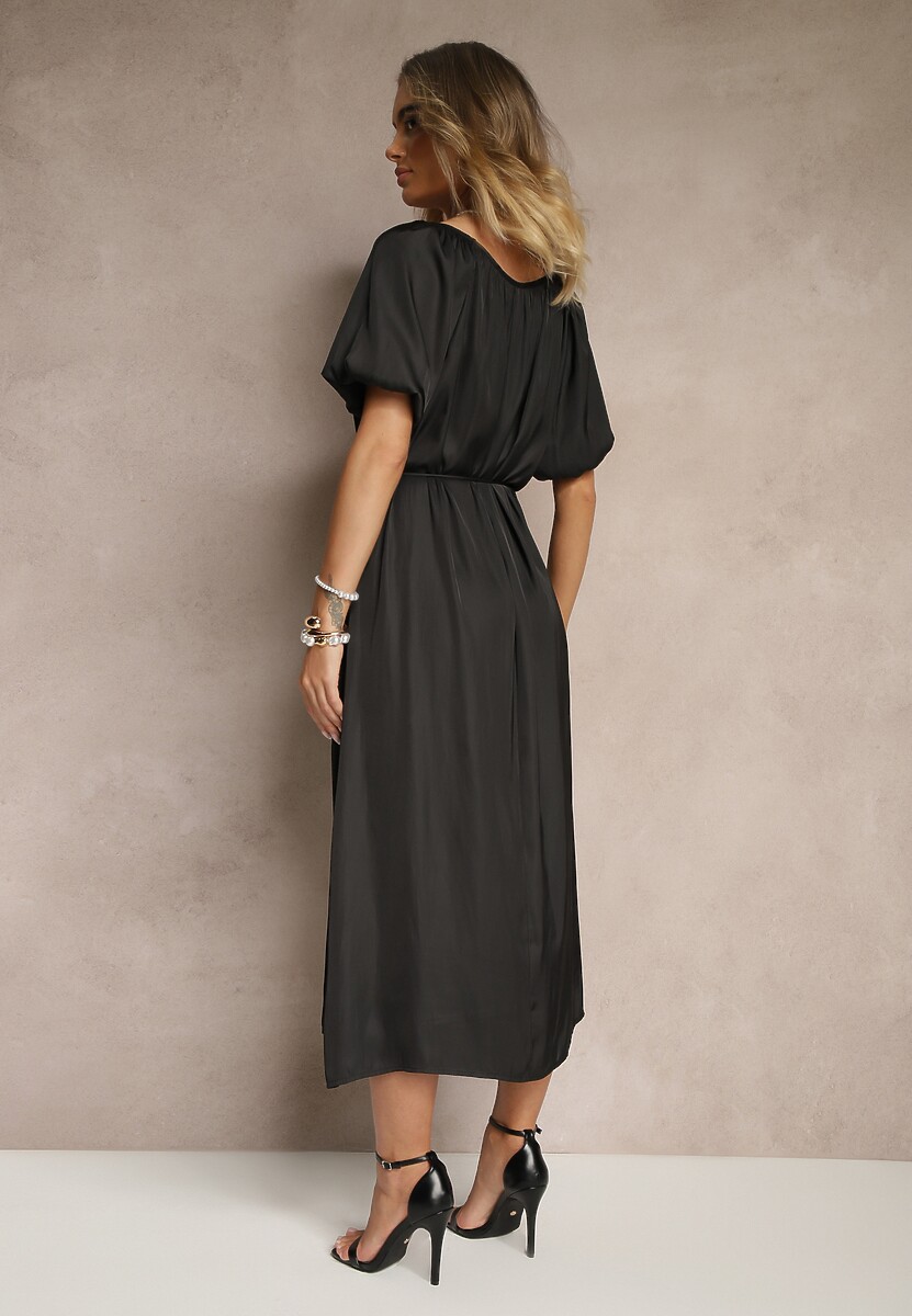 Czarna Taliowana Sukienka Pudełkowa ze Sznurkiem w Pasie z Dekoltem w Łódkę Sonadoreta