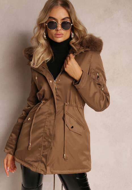 Brązowa Kurtka Parka z Kapturem i Ozdobnym Futerkiem Dioneta