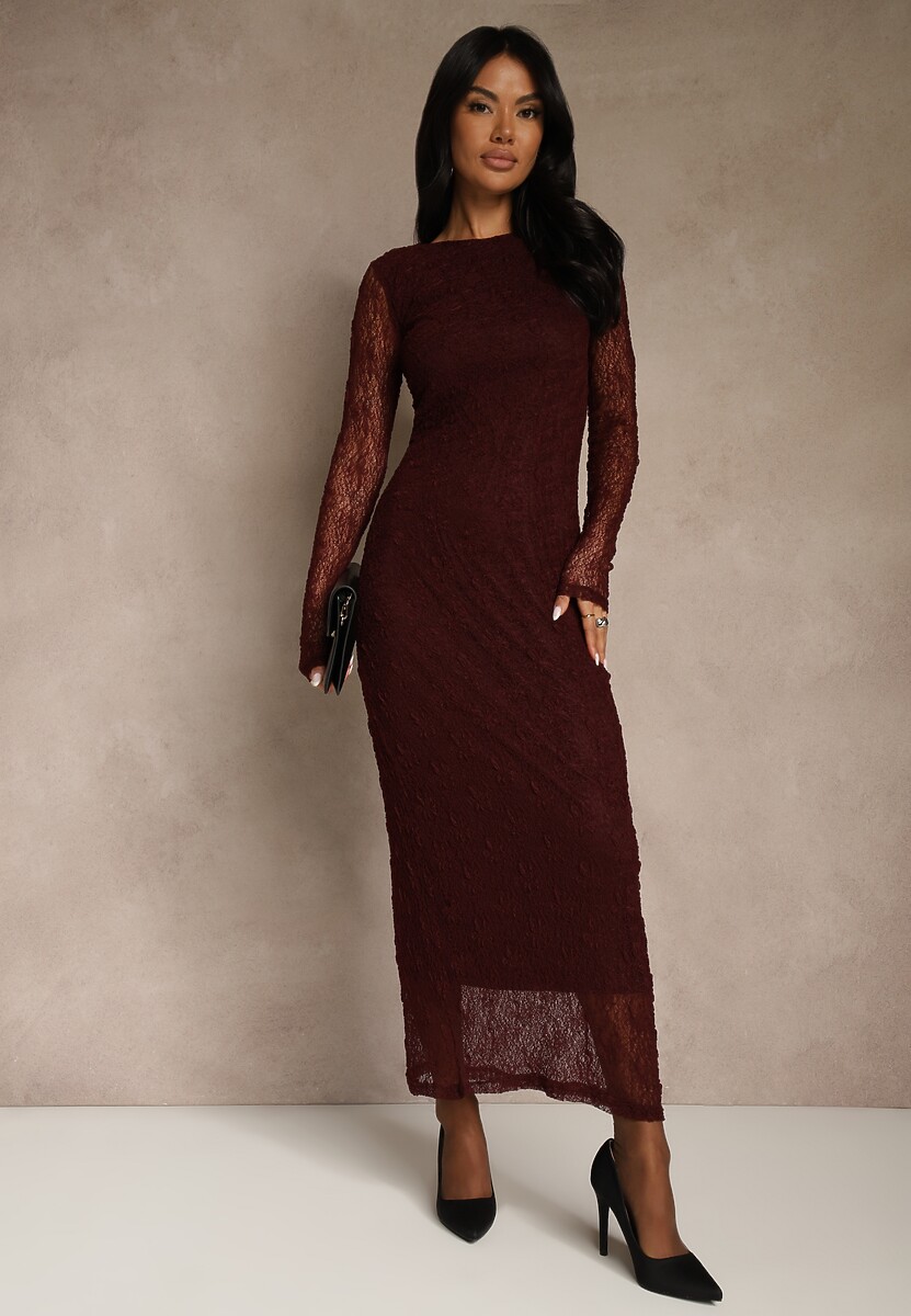 Bordowa Koronkowa Sukienka Typu Longsleeve o Dopasowanym Kroju Zenoresa