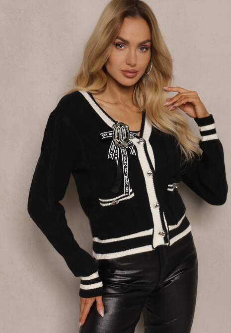 Czarny Wiskozowy Kardigan z Broszkową Kokardką i Kontrastowymi Lamówkami Graphia